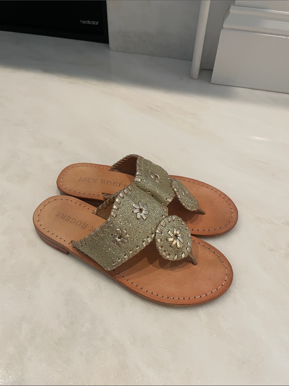 Jack Rogers Gold Metallic Lori Jeweled Thong Sandals